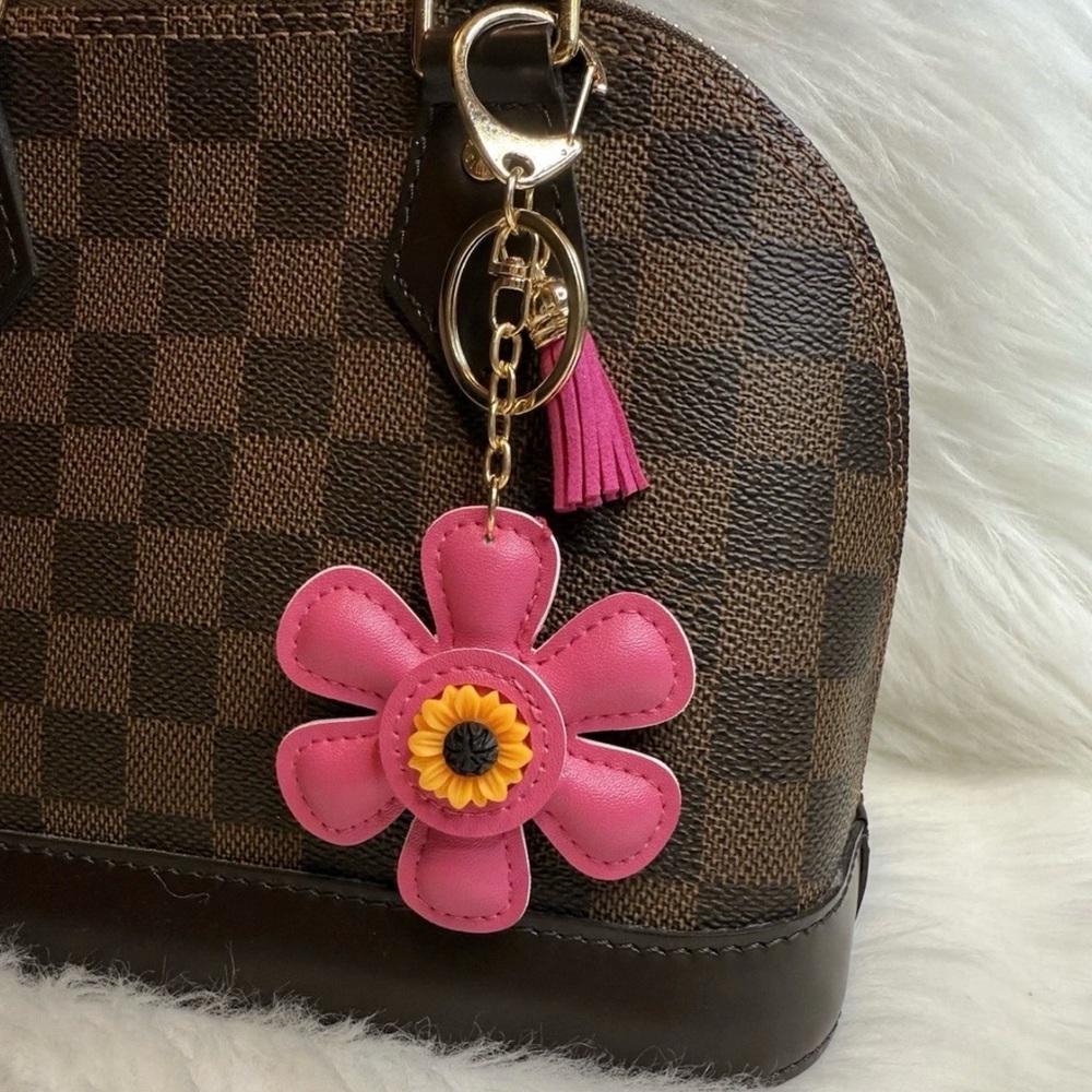 Pink Faux Leather Flower Bag Charm Keychain New Handmade Purse Accessories